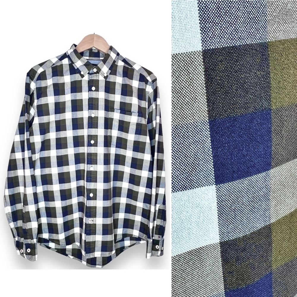 Tommy Hilfiger Mens Custom Fit Button Down Shirt Large Check Print Green Navy